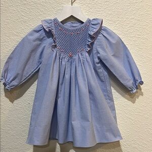 Petit Ami smocked long sleeve dress size 18M blue/white with pink rosettes